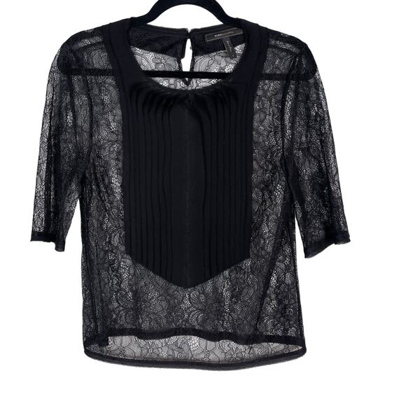 BCBGMaxazria S Black Sheer Lace 3/4 Sleeve Blouse Pleated Detail Keyhole Back - Picture 1 of 6